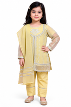 Girls' Traditional Yellow Shalwar Kameez Set with Organza Sleeves & Dupatta