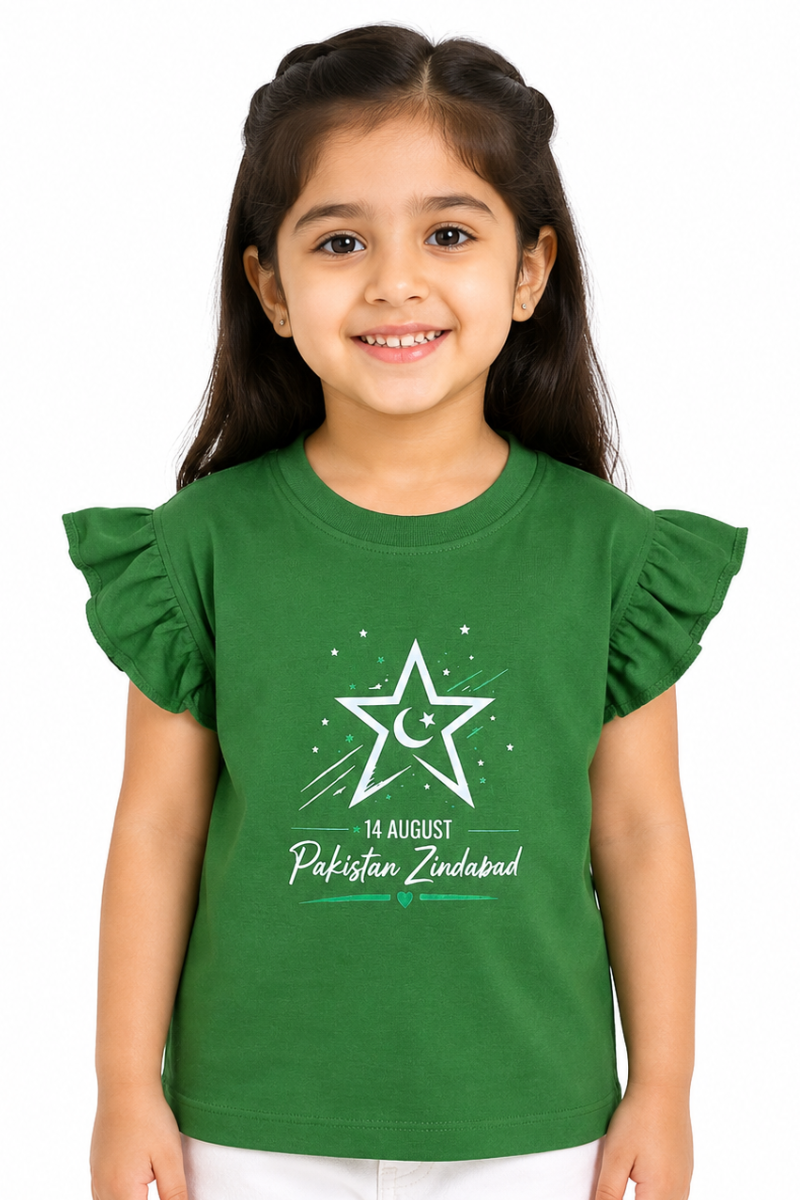Girls Pakistan Independence Day Green T-Shirt – 14 August Printed Cotton Top