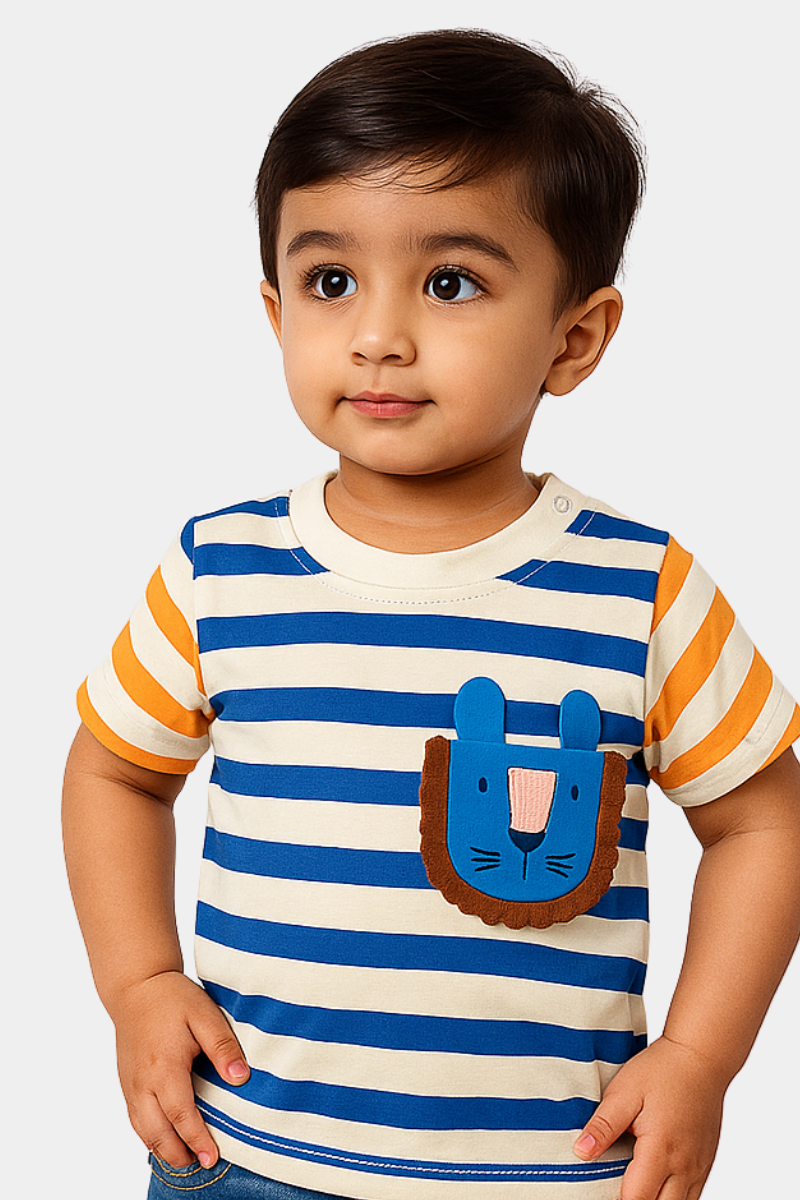 Infants Striped T-Shirt with Cute Animal Patch – Soft Cotton Tee for Boys & Girls
