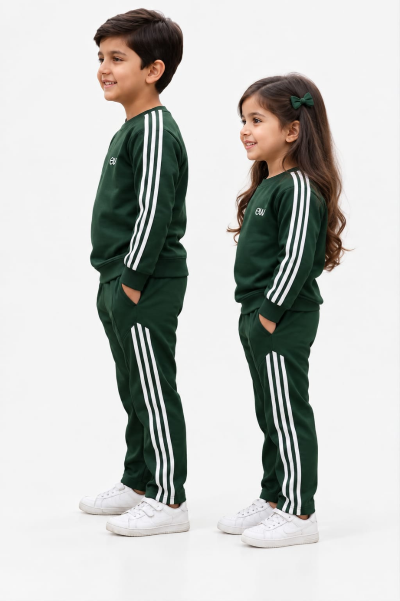 Kids Dark Green Tracksuit Set | Full-Sleeve Sweatshirt & Matching Trouser Set for Boys & Girls
