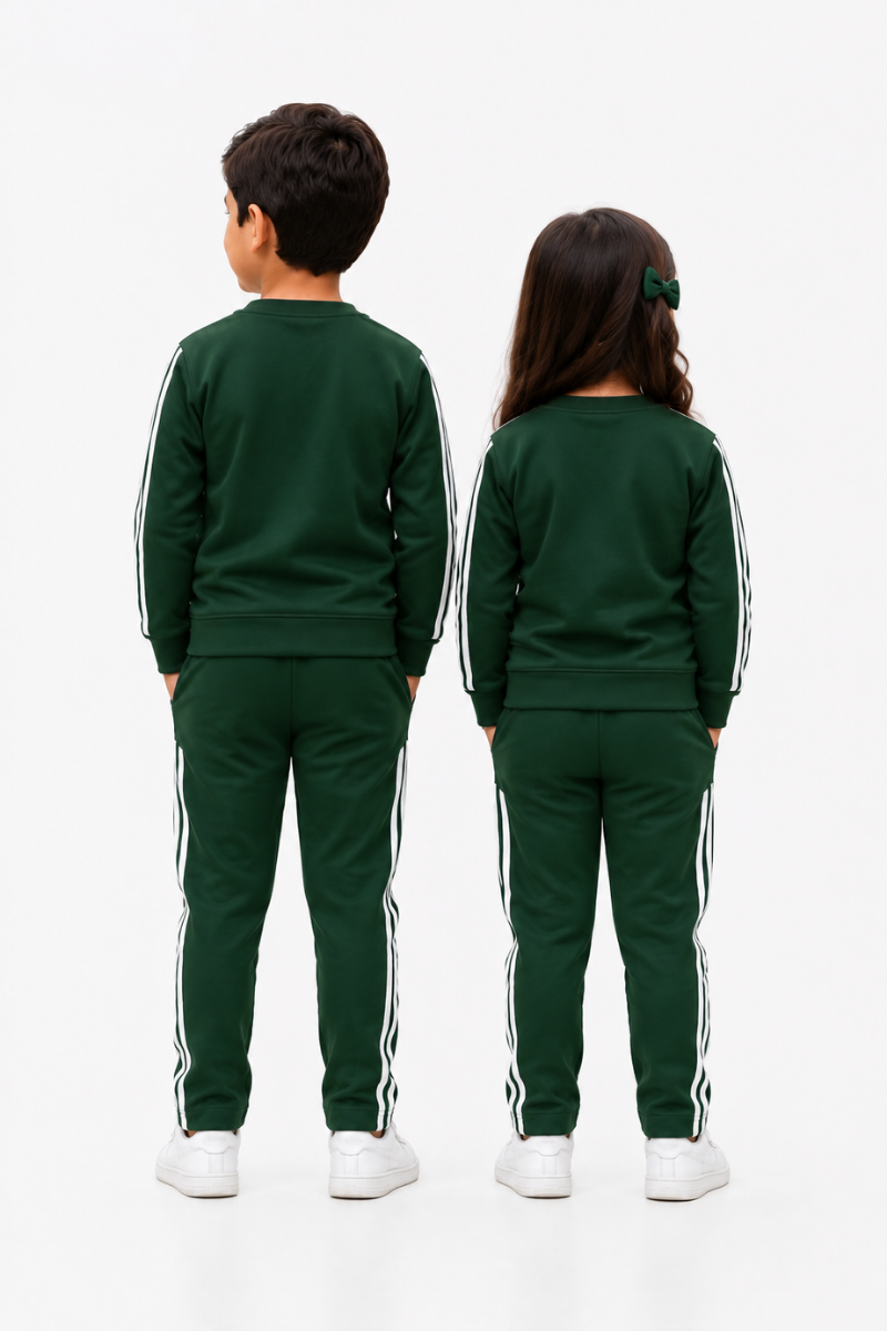 Kids Dark Green Tracksuit Set | Full-Sleeve Sweatshirt & Matching Trouser Set for Boys & Girls