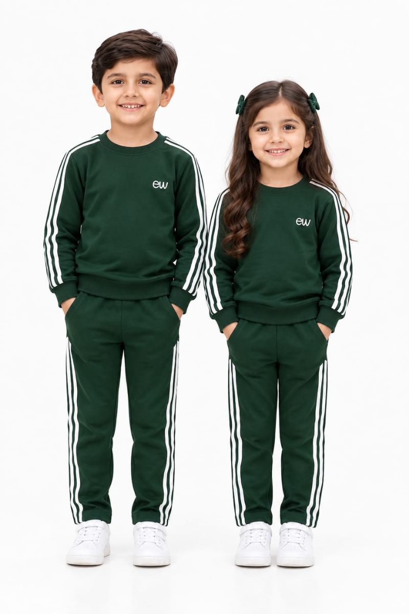 Kids Dark Green Tracksuit Set | Full-Sleeve Sweatshirt & Matching Trouser Set for Boys & Girls