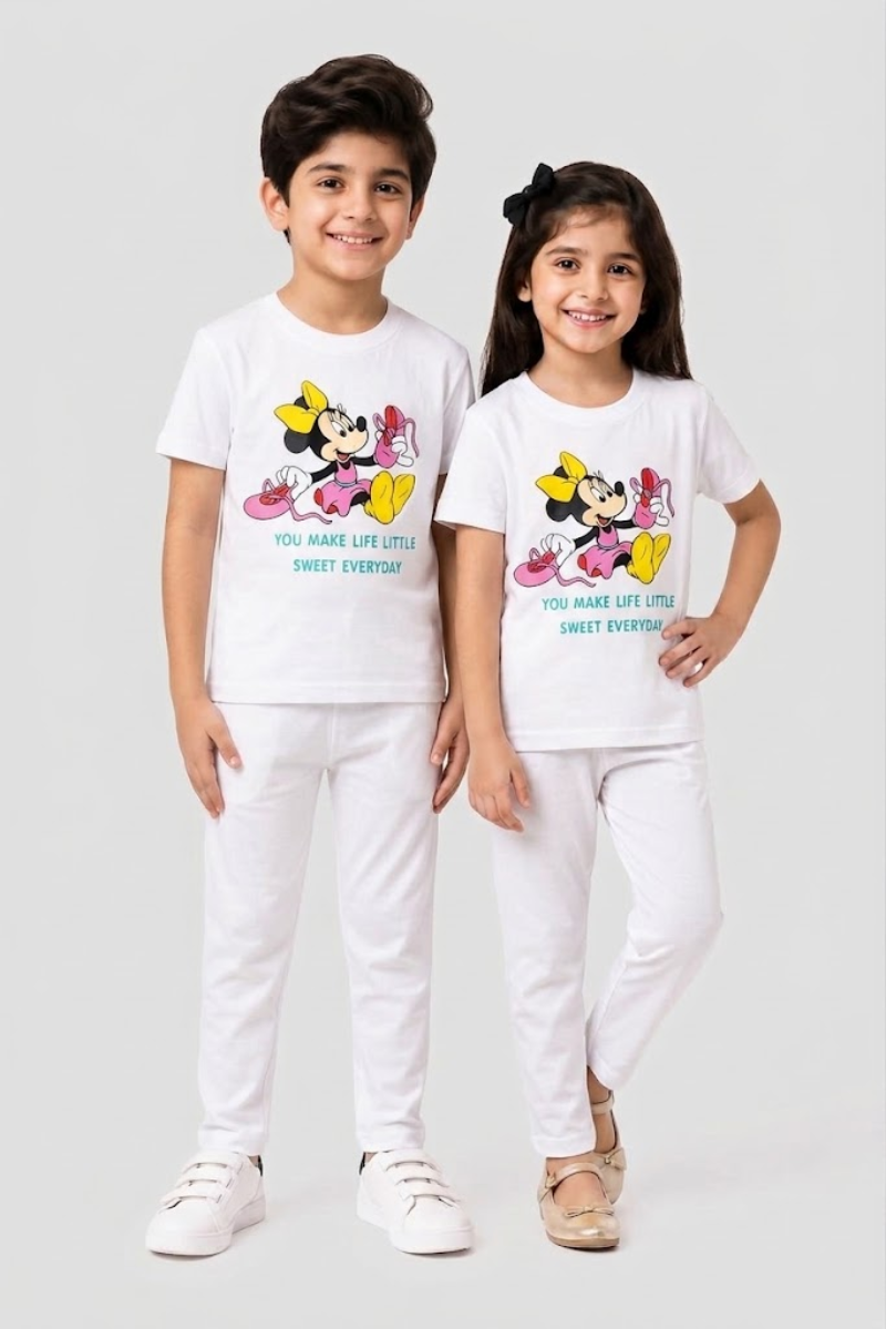Kids Minnie Mouse Graphic T-Shirt & Trouser Set – White Matching Co-ord