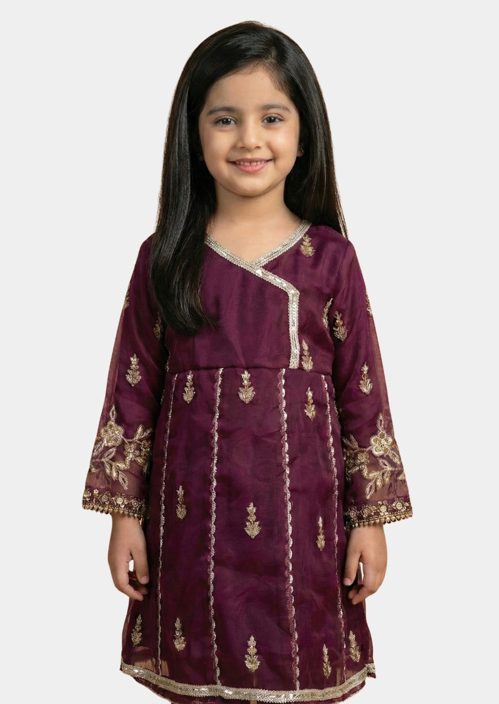 Girls Burnt Orange Pleated Frock with Geometric Embroidery â€“ Top Only