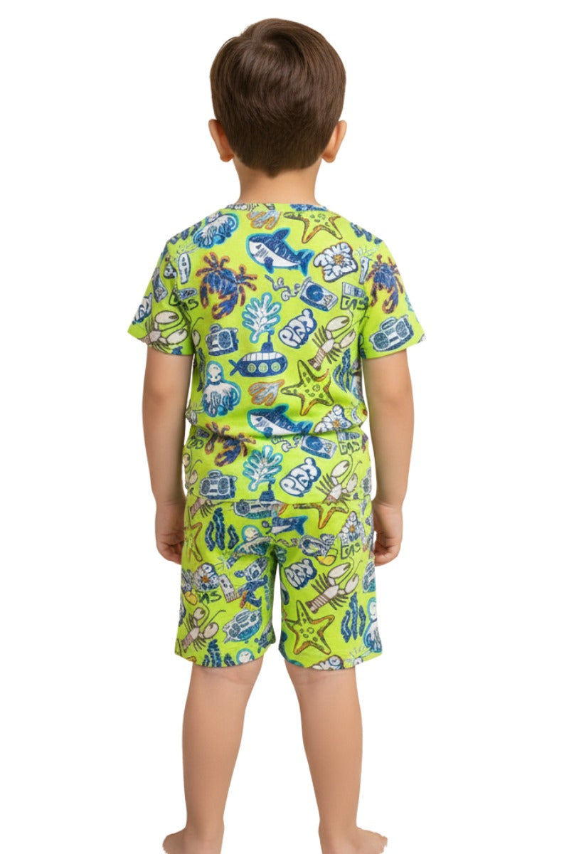Sea items all over printed greenish suit for kids