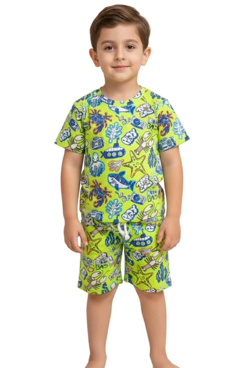 Sea items all over printed greenish suit for kids