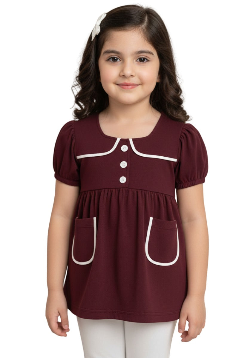 Elegant Girls' Maroon Frock with White Leggings – Stylish & Comfortable Outfit