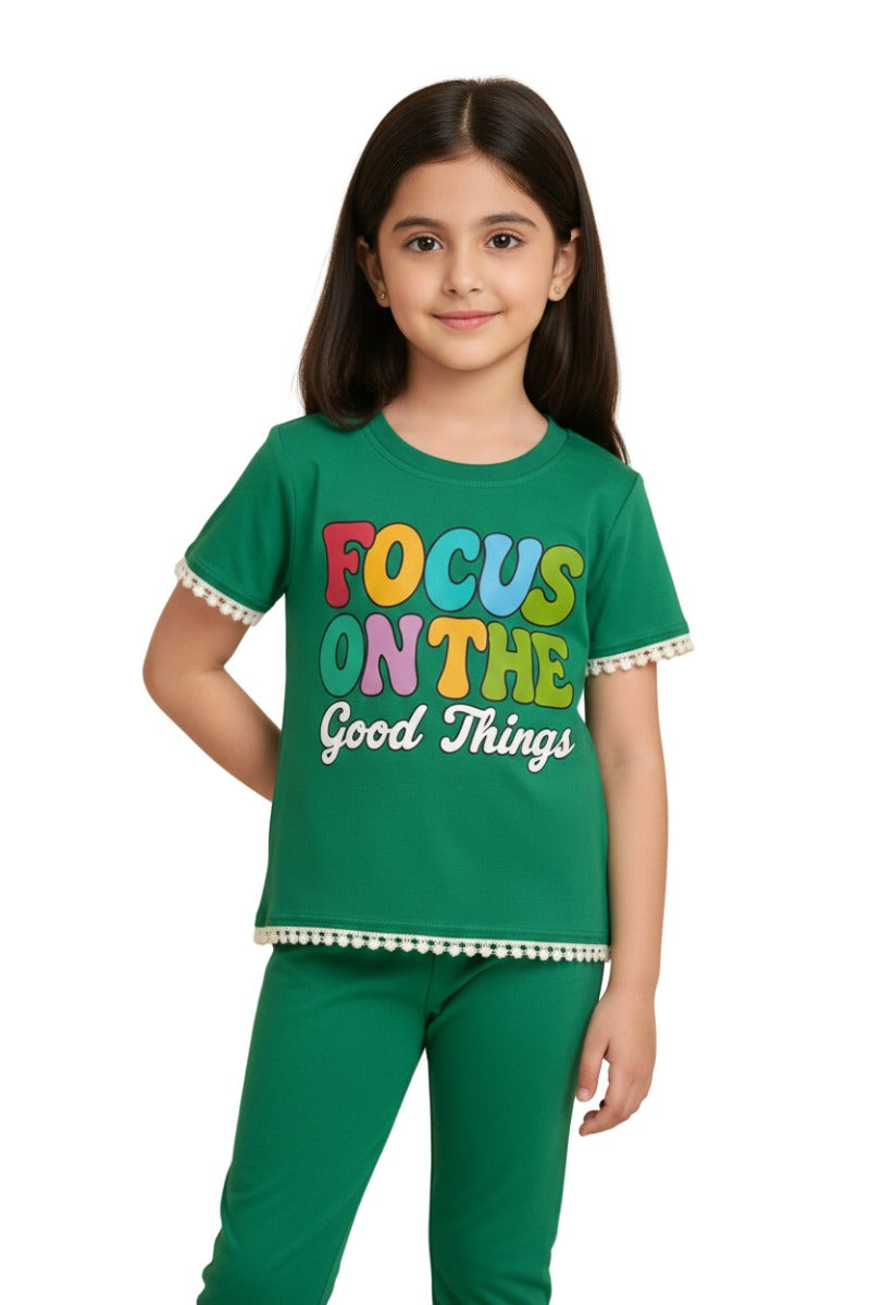 Girls’ “Focus on the Good Things” Green T-Shirt & Pants Set