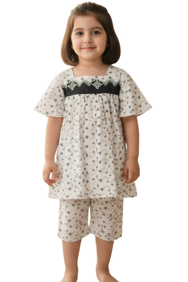 White Floral Embroidered Top and Shorts Set