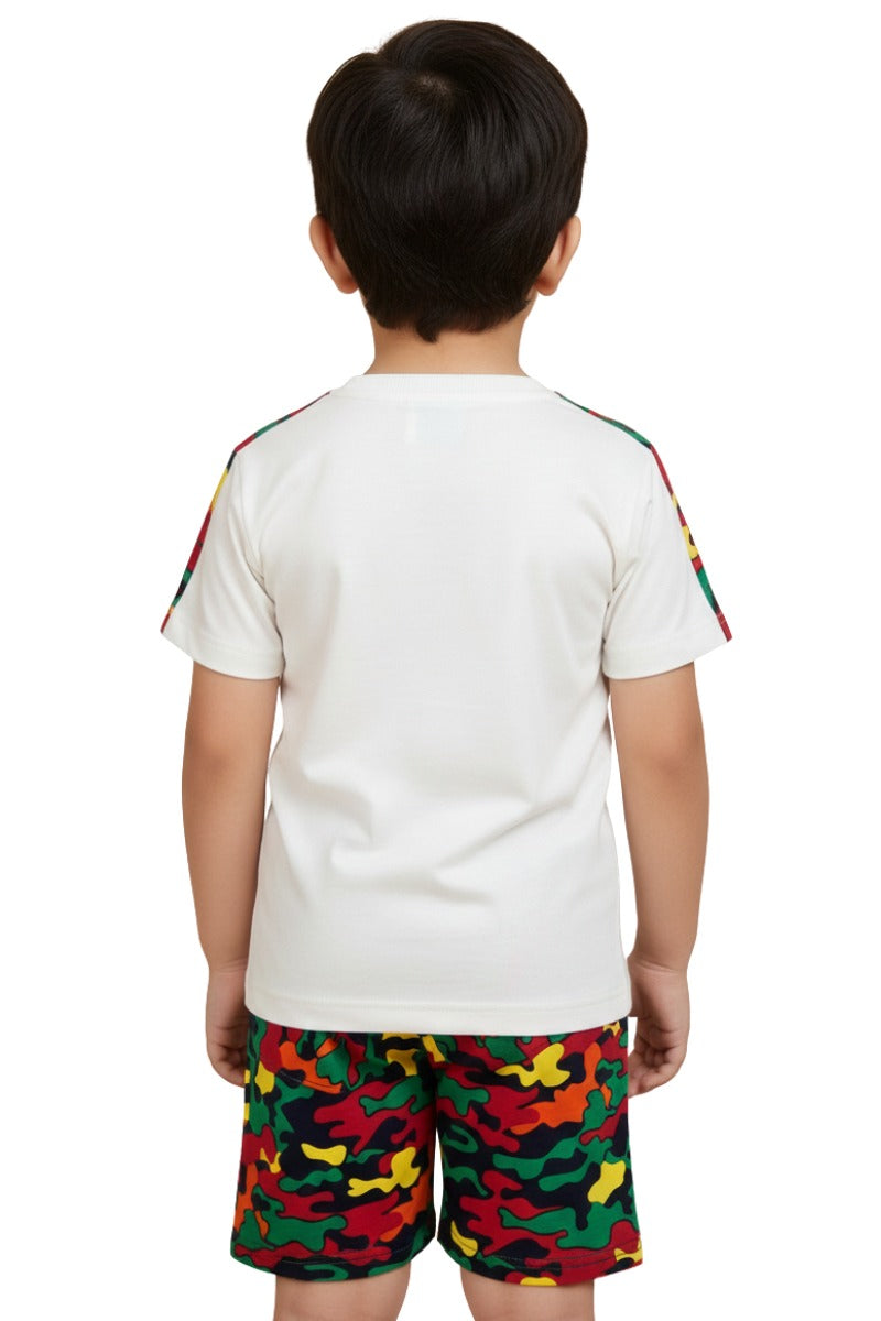Toddlers's White Tee with Camo Pocket and short For Boys and Girls