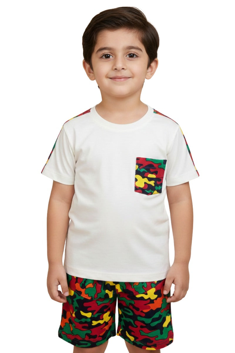 Toddlers's White Tee with Camo Pocket and short For Boys and Girls