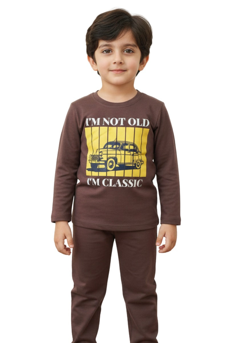 BOYS FULL SLEEVES LYCRA JERSEY 2 PIECE SUITE PRINTED - CHOCOLATY