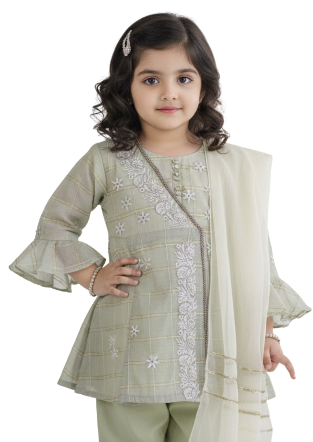 Girls’ Festive Sage Green Shalwar Kameez Set with Bell Sleeves