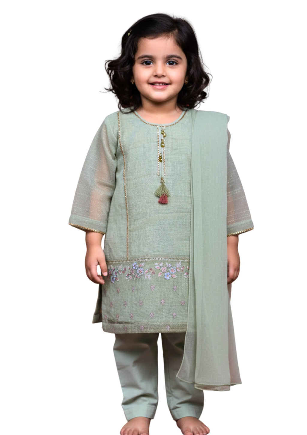 Girls’ 3-Piece Embroidered Mint Green Organza Shalwar Kameez Set with Dupatta