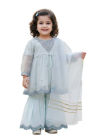 Girls' Mint Blue 3-Piece Embroidered Sharara Set - Kameez, Dupatta & Flared Pants