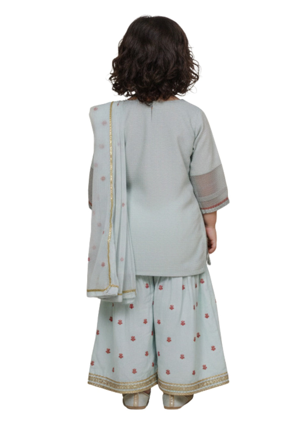 Girls' Mint Blue Embroidered 3-Piece Festive Gharara Set – Net & Cotton Blend
