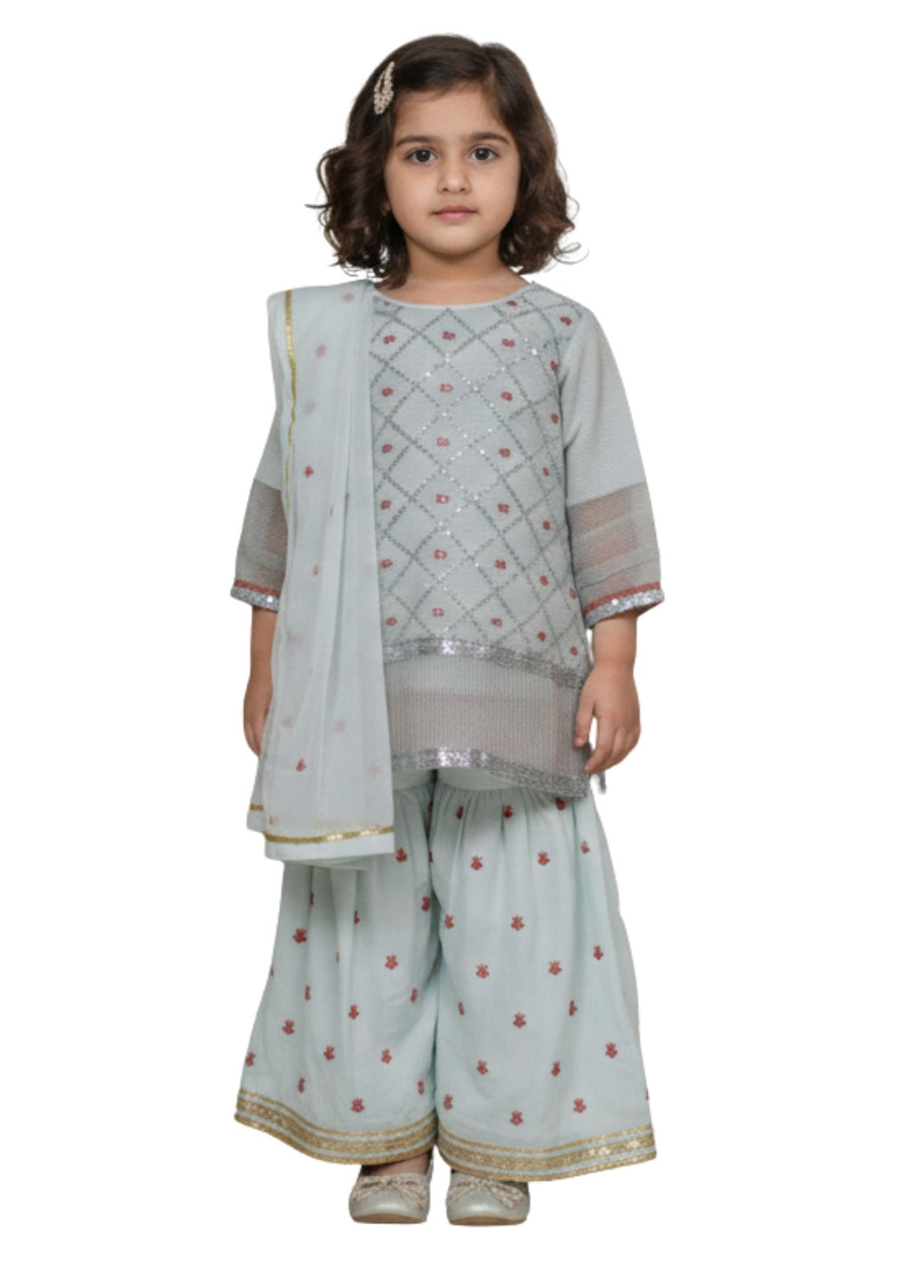 Girls' Mint Blue Embroidered 3-Piece Festive Gharara Set – Net & Cotton Blend