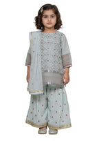 Girls' Mint Blue Embroidered 3-Piece Festive Gharara Set – Net & Cotton Blend