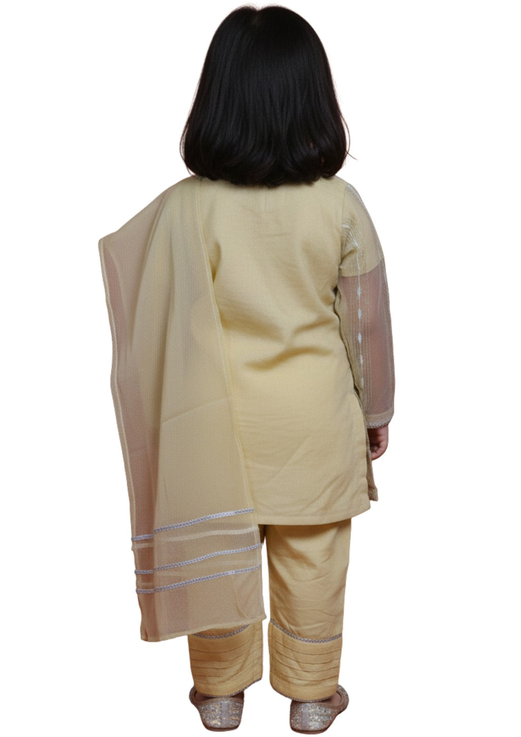 Girls' Traditional Yellow Shalwar Kameez Set with Organza Sleeves & Dupatta