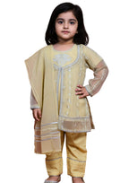 Girls' Traditional Yellow Shalwar Kameez Set with Organza Sleeves & Dupatta