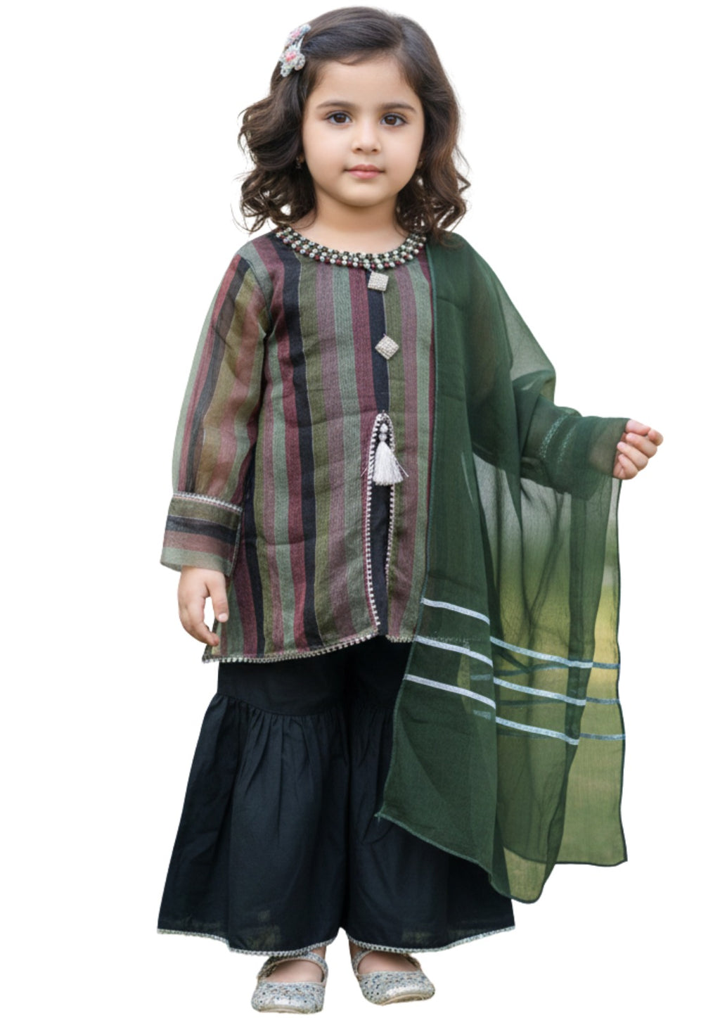 Traditional 3-Piece Festive Gharara Set for Girls â€“ Multi-Color Stripe & Emerald Green