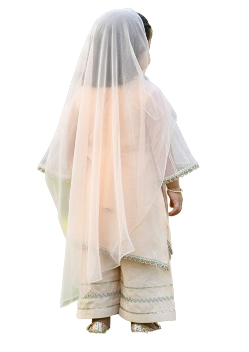 Elegant Peach 3-Piece Festive Salwar Kameez Set for Girls – Net Dupatta & Embroidered Gharara Pants