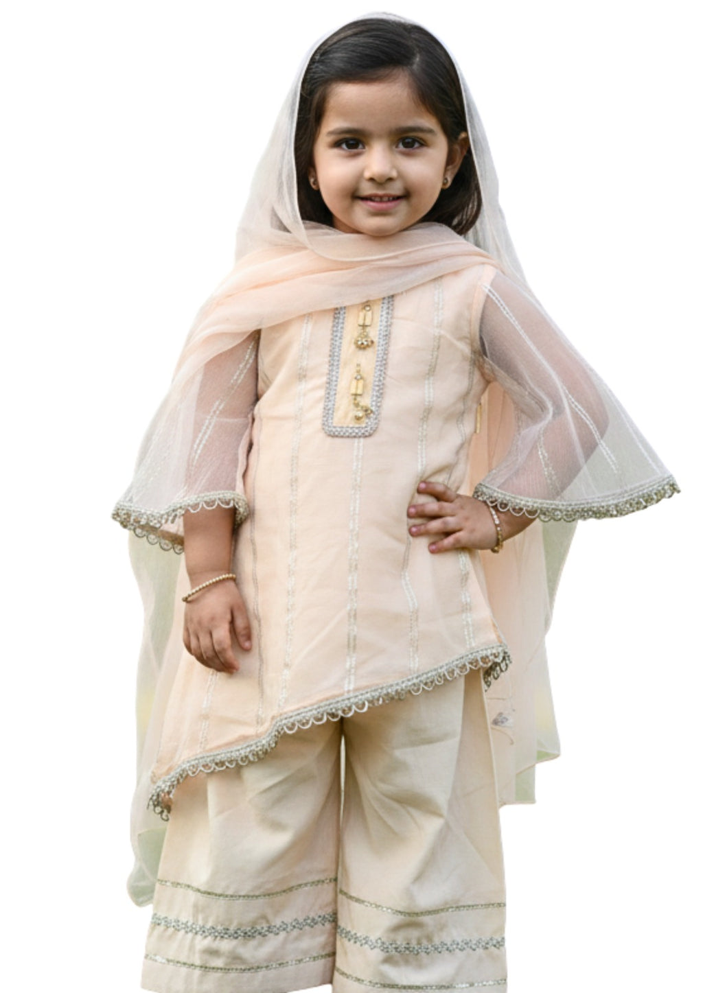 Elegant Peach 3-Piece Festive Salwar Kameez Set for Girls – Net Dupatta & Embroidered Gharara Pants
