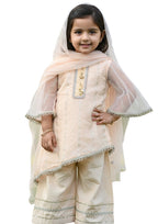 Elegant Peach 3-Piece Festive Salwar Kameez Set for Girls – Net Dupatta & Embroidered Gharara Pants