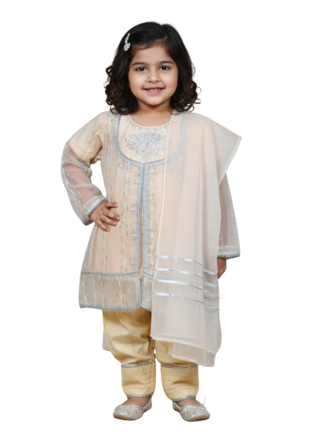 Girls' 3-Piece Embroidered Shalwar Kameez Set with Dupatta - Cream & Silver