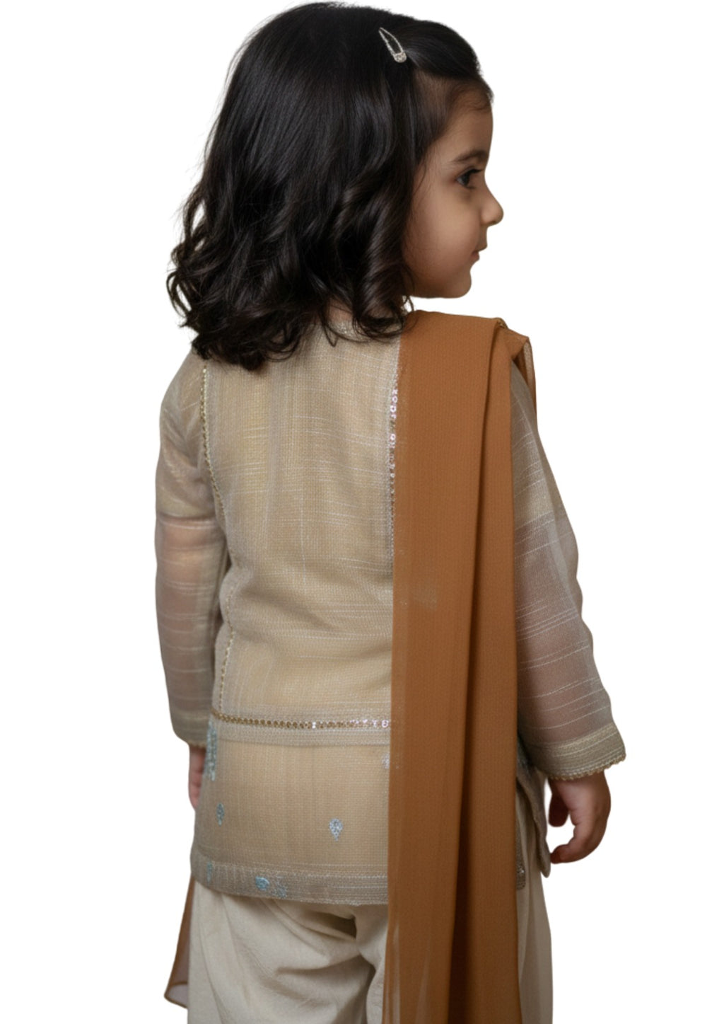 Girls' 3-Piece Embroidered Khadi Net Salwar Kameez Set - Beige & Russet
