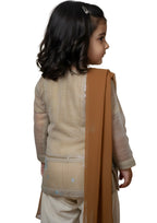 Girls' 3-Piece Embroidered Khadi Net Salwar Kameez Set - Beige & Russet