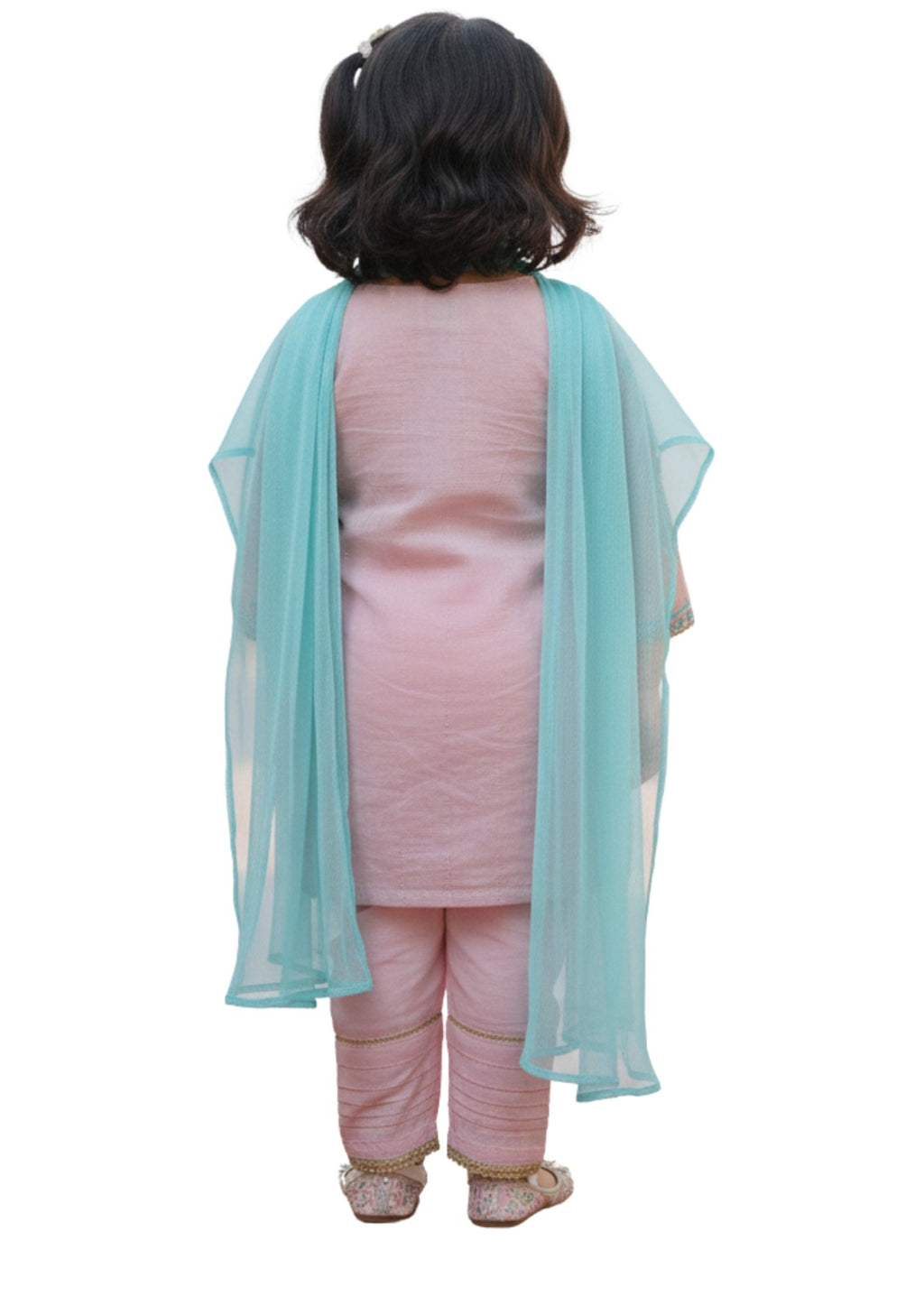 Girls' Embroidered 3-Piece Raw Silk Suit - Pastel Pink & Seafoam Green