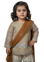 Girls' 3-Piece Embroidered Khadi Net Salwar Kameez Set - Beige & Russet
