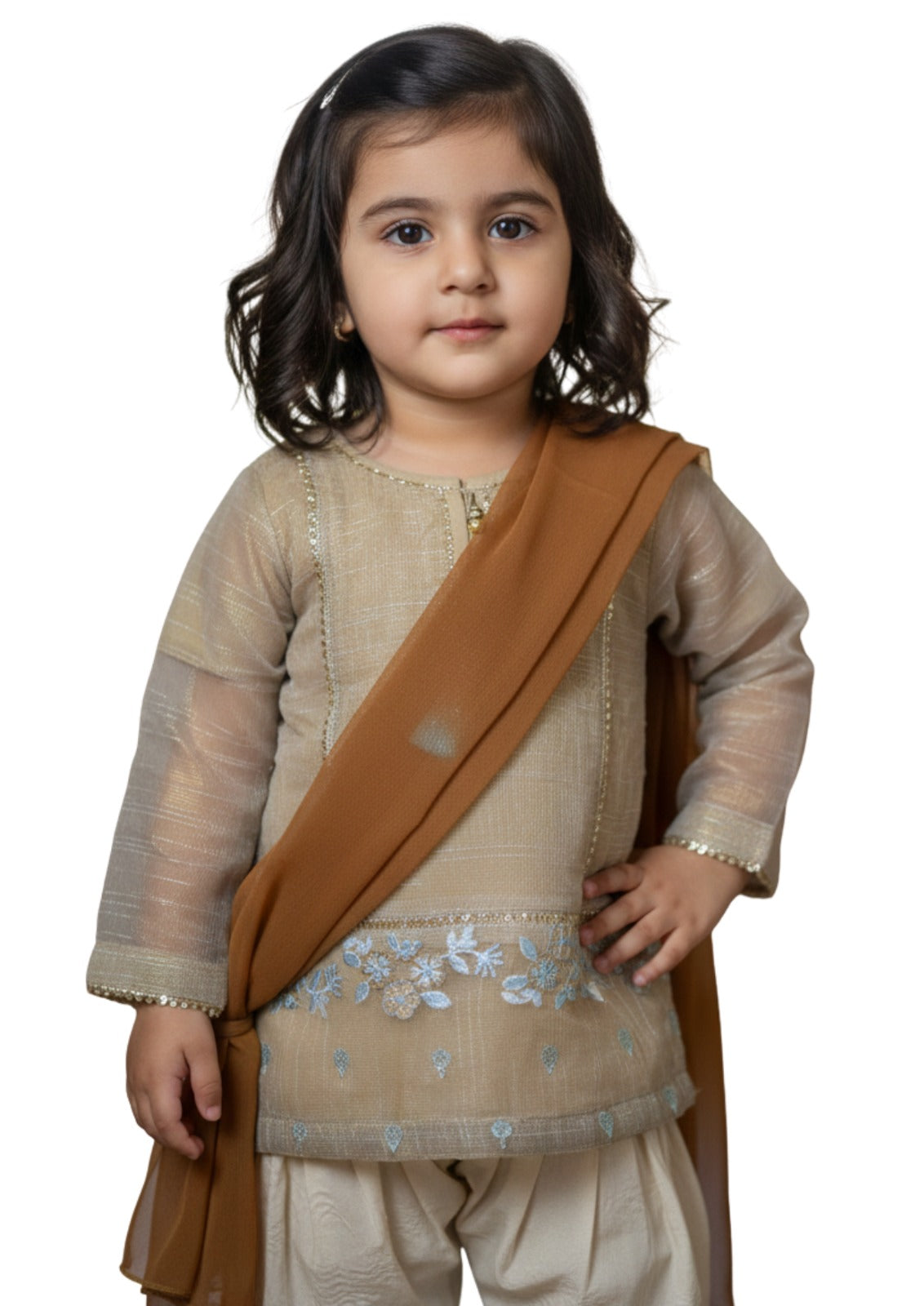 Girls' 3-Piece Embroidered Khadi Net Salwar Kameez Set - Beige & Russet