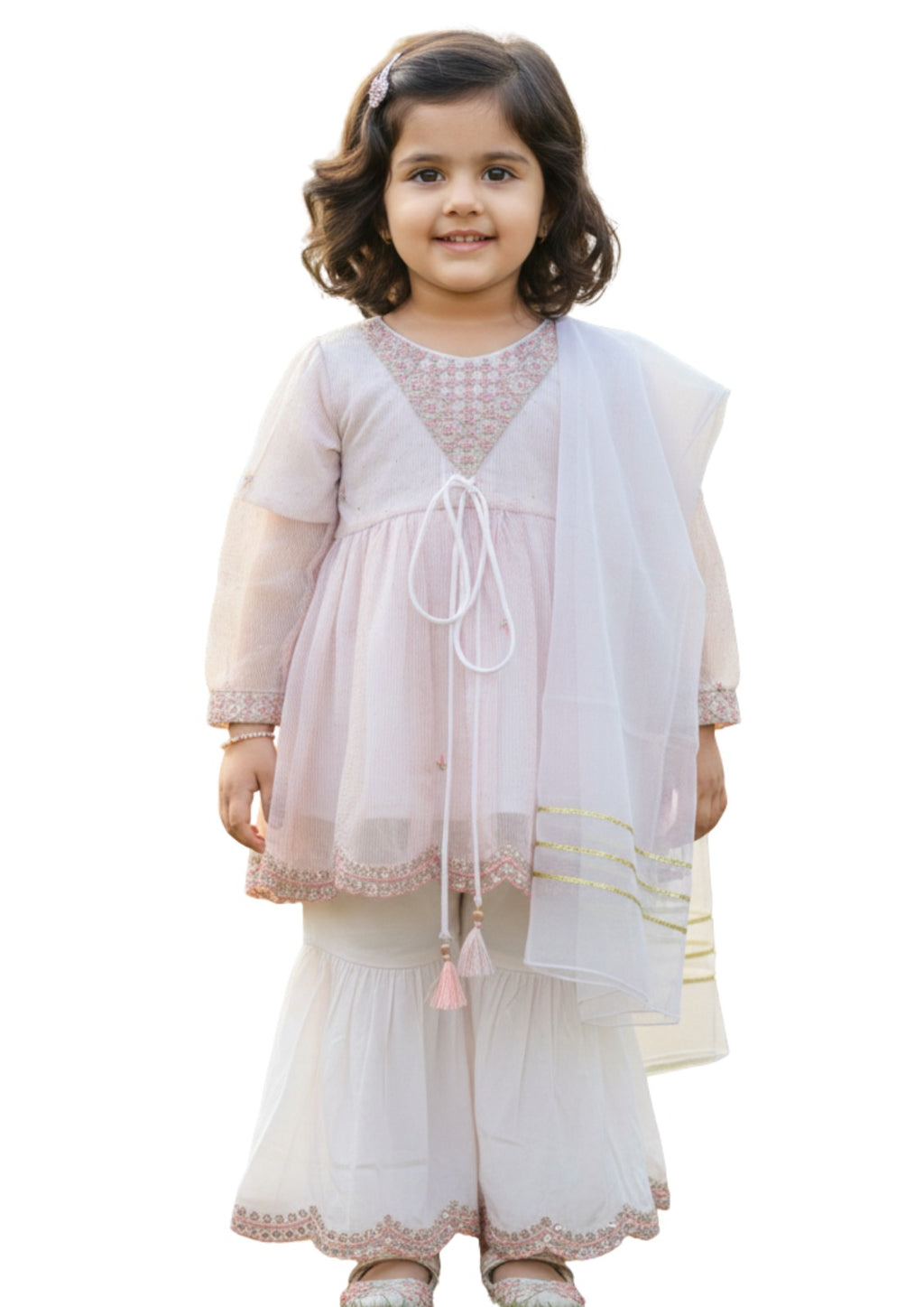 Girls' Floral Embroidered Peplum Kurta with Gharara & Dupatta