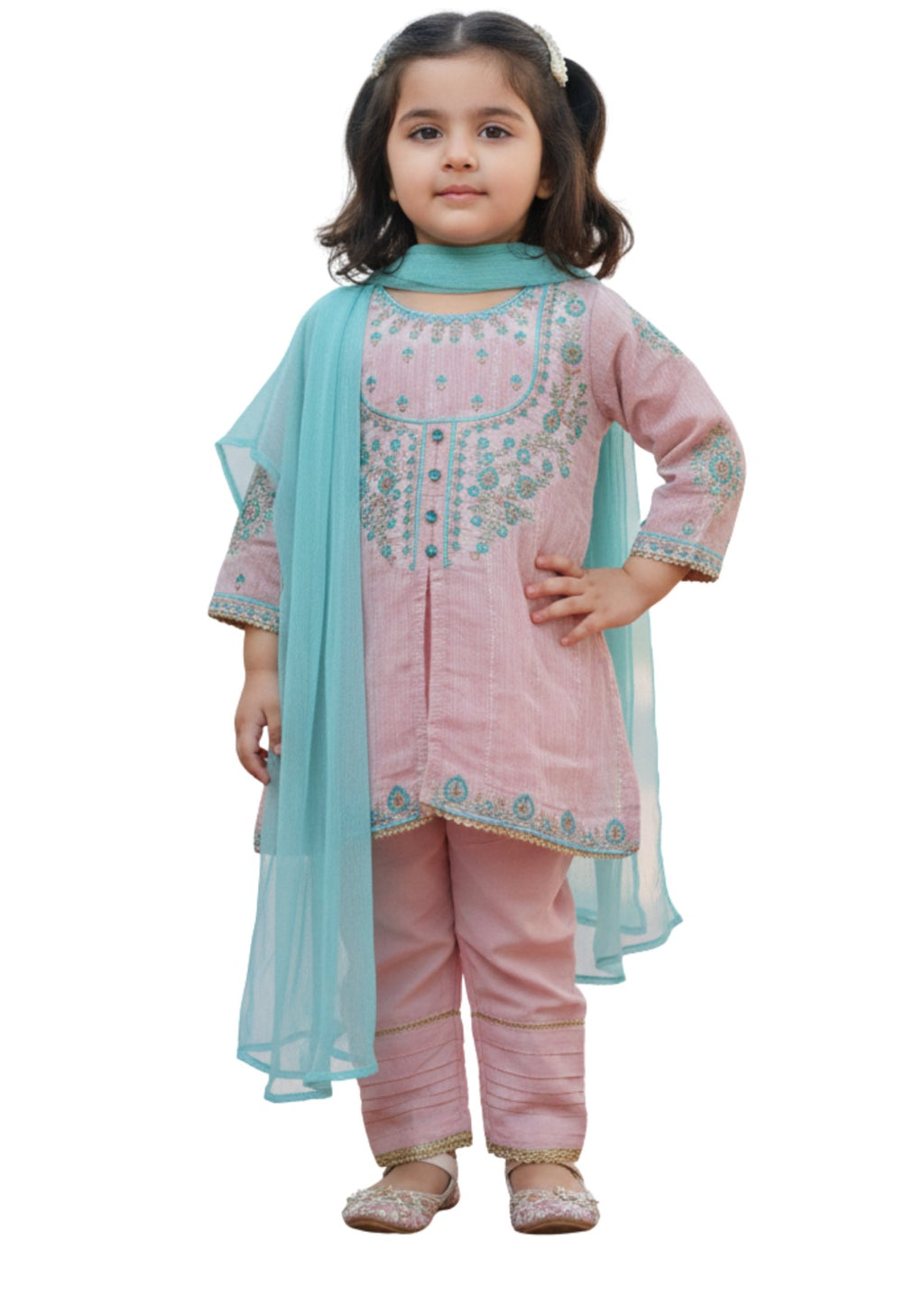 Girls' Embroidered 3-Piece Raw Silk Suit - Pastel Pink & Seafoam Green