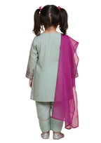 Girls' 3-Piece Embroidered Mint Green Shalwar Kameez Set with Magenta Dupatta