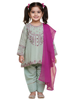 Girls' 3-Piece Embroidered Mint Green Shalwar Kameez Set with Magenta Dupatta