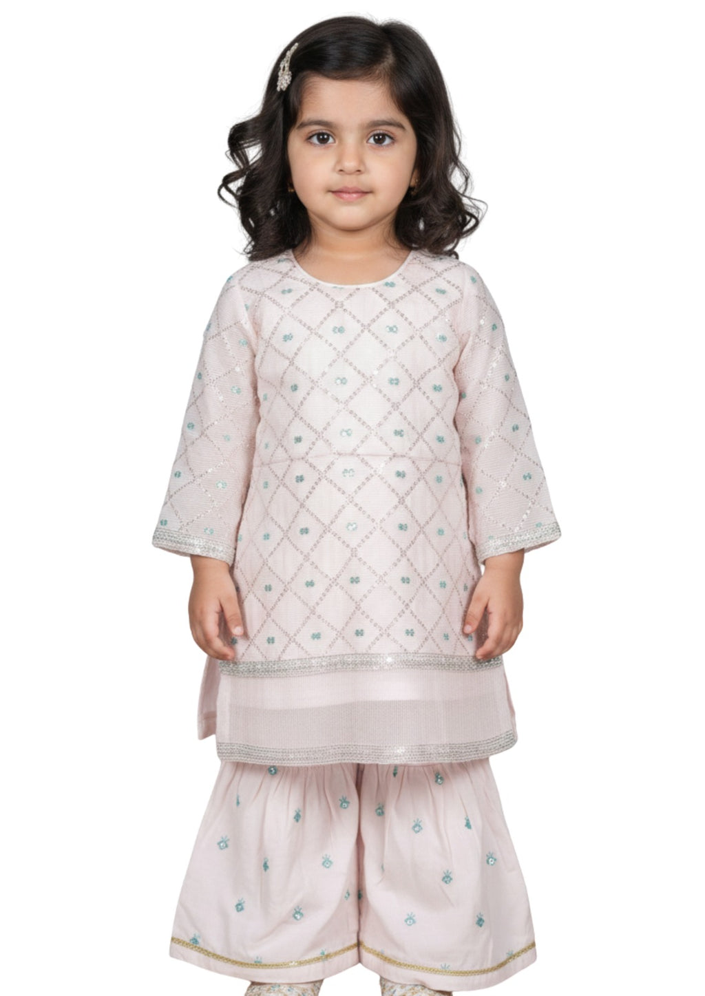 Girls' Elegant Pastel Pink Embroidered 3-Piece Gharara Set – Formal Chiffon & Cotton Blend