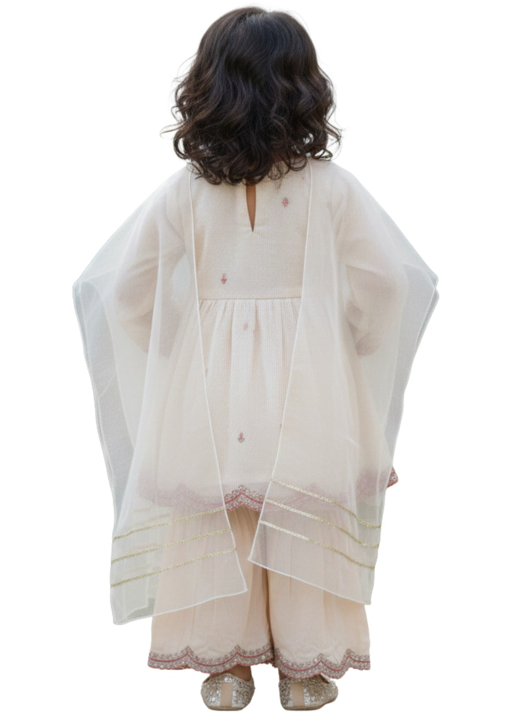 Elegant Off-White Embroidered 3-Piece Sharara Set for Girls – Peplum Kurta with Organza Dupatta