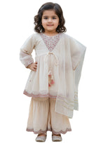 Elegant Off-White Embroidered 3-Piece Sharara Set for Girls – Peplum Kurta with Organza Dupatta