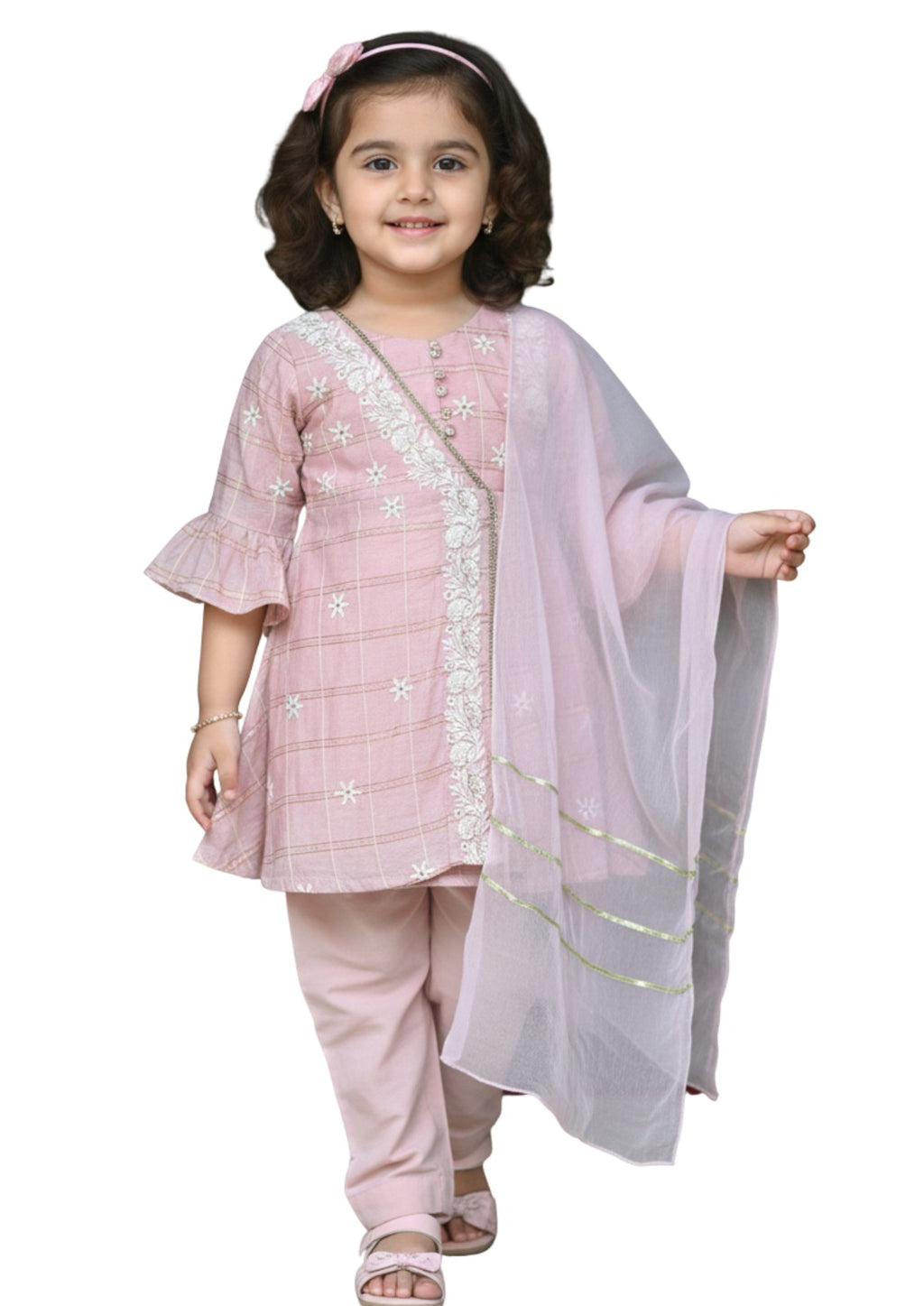 Elegant 3-Piece Girls' Embroidered Lilac Shalwar Kameez Set with Net Dupatta
