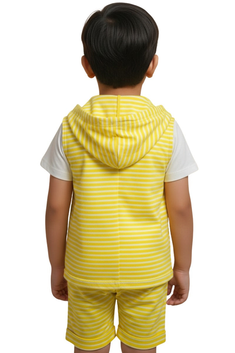 Boys' Marvel Spider-Man 3-Piece Summer Set – Striped Hoodie Vest, T-Shirt & Shorts (Yellow/White)