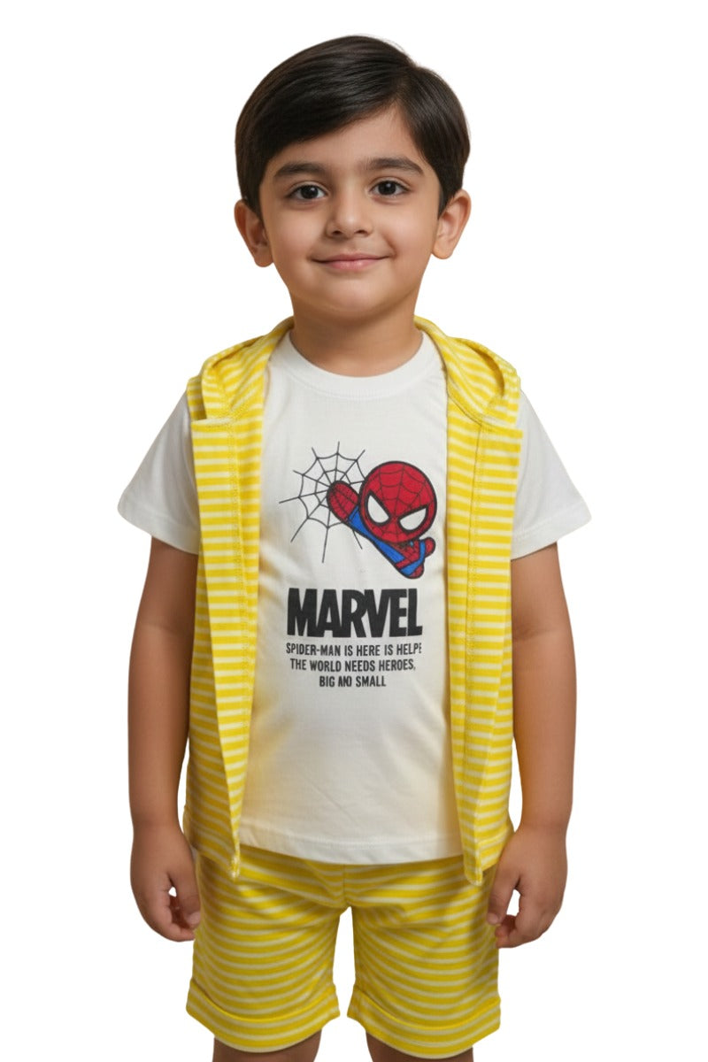 Boys' Marvel Spider-Man 3-Piece Summer Set – Striped Hoodie Vest, T-Shirt & Shorts (Yellow/White)