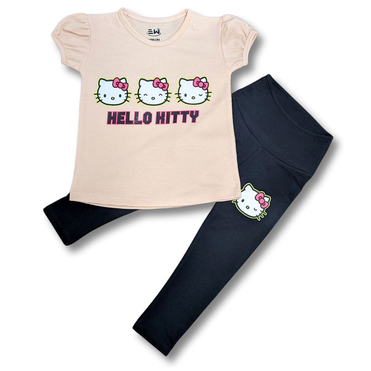 TODDLER GIRLS PRINTED HELLO KITTY HOT PINK TOP AND BLACK PAJAMA