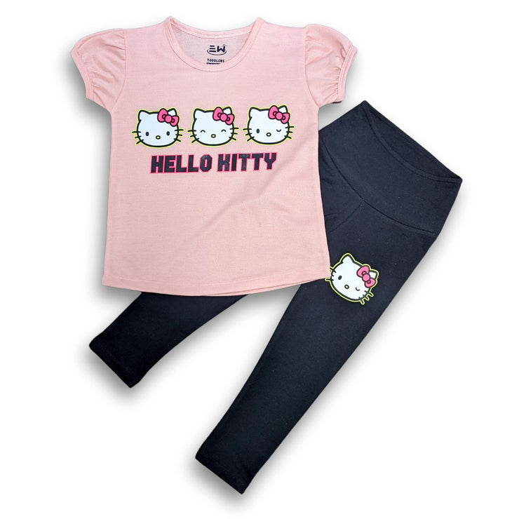 TODDLER GIRLS PRINTED HELLO KITTY HOT PINK TOP AND BLACK PAJAMA