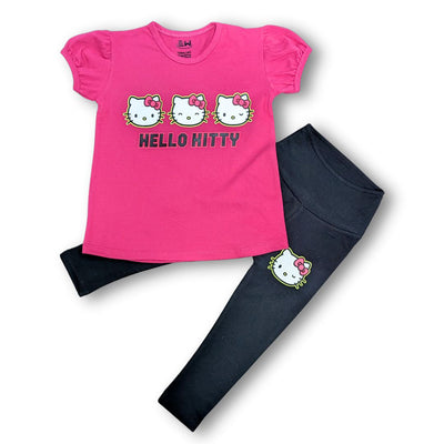 TODDLER GIRLS PRINTED HELLO KITTY HOT PINK TOP AND BLACK PAJAMA