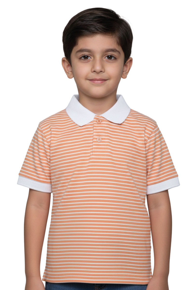 Boys' Classic Peach & White Striped Polo Shirt - Premium Cotton Blend