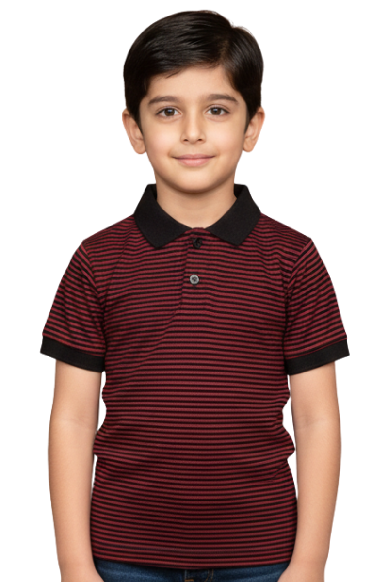 Boys' Classic Maroon & Black Striped Polo Shirt - Premium Cotton Blend