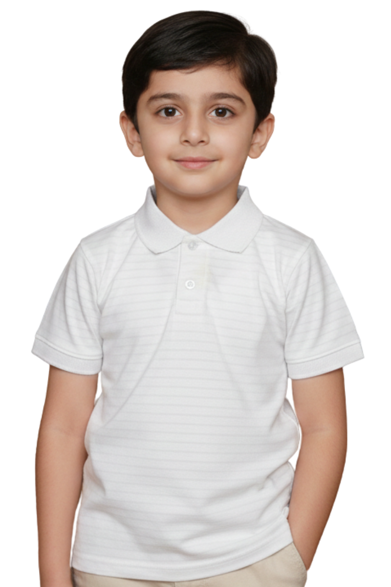 Boys' Crisp White Striped Polo Shirt - Premium Cotton Blend